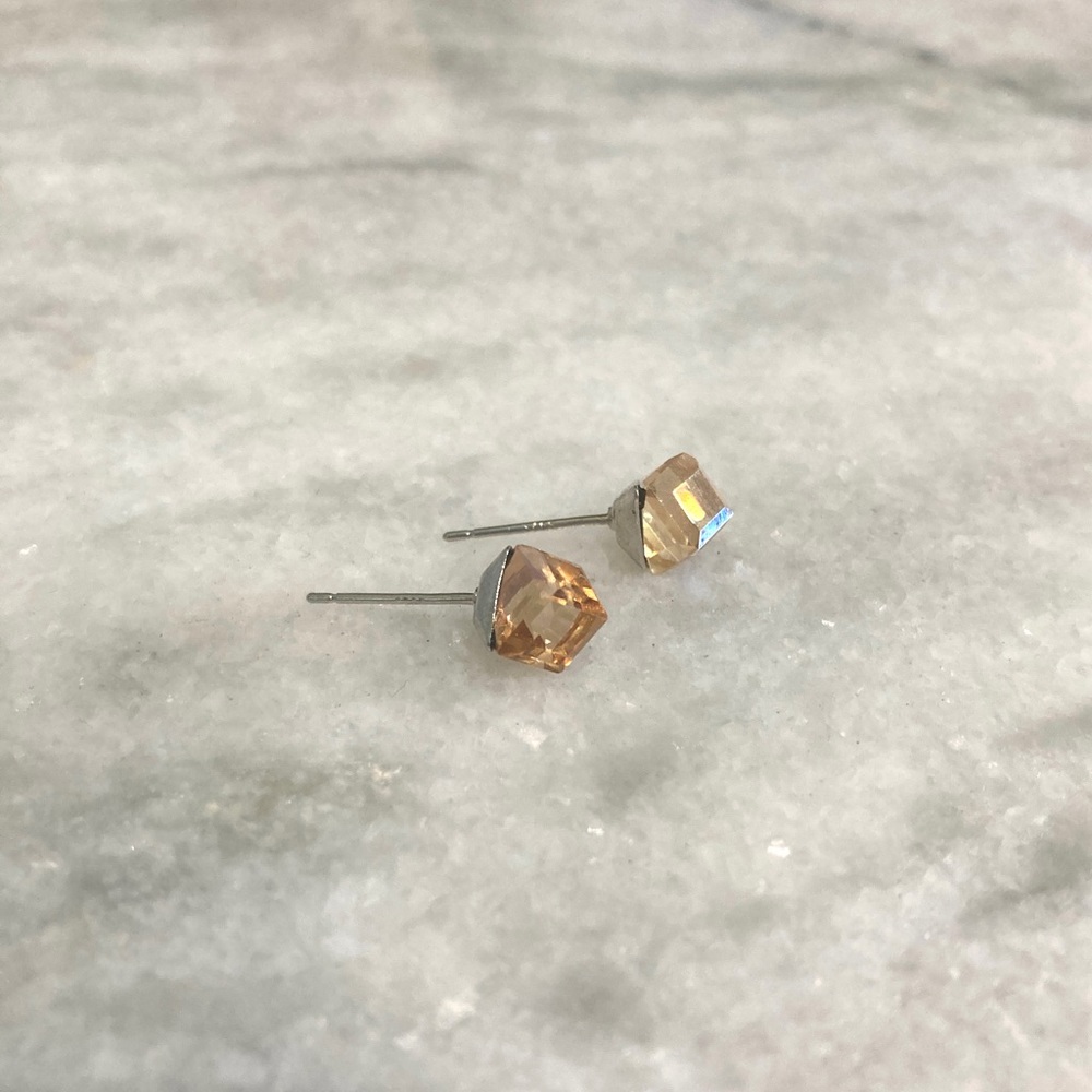 Sterling Silver 925 Amber Brown Glass Crystal Stud Earrings - Picture 7 of 9